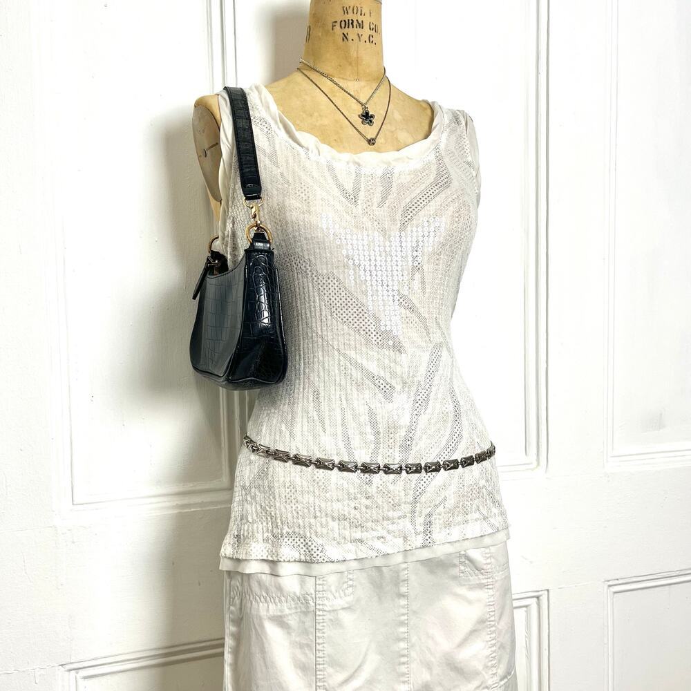 Soma‎ Y2K white zebra print tank with clear shimmery sequins festive galm